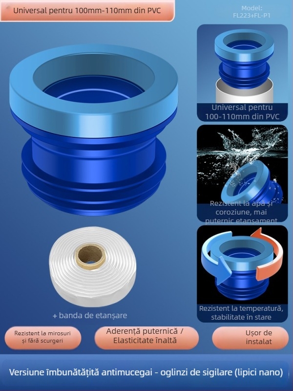 Inel de etanșare pentru flanșă de toaletă; anti miros și anti scurgeri; garnitură adezivă îngroșată; material: adeziv nano/gumă; stil: modern minimalist.