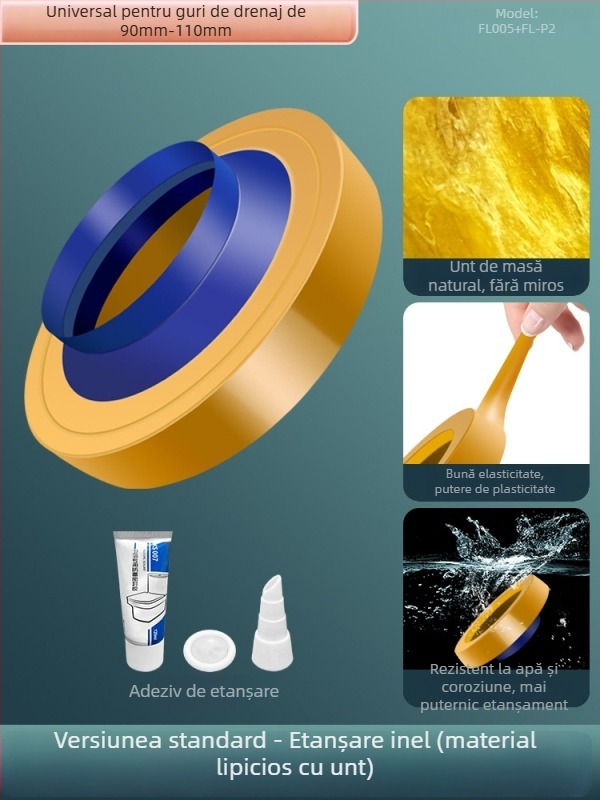 Inel de etanșare pentru flanșă de toaletă; anti miros și anti scurgeri; garnitură adezivă îngroșată; material: adeziv nano/gumă; stil: modern minimalist.