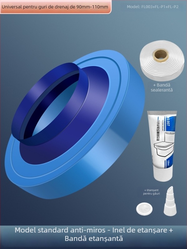 Inel de etanșare pentru flanșă de toaletă; anti miros și anti scurgeri; garnitură adezivă îngroșată; material: adeziv nano/gumă; stil: modern minimalist.