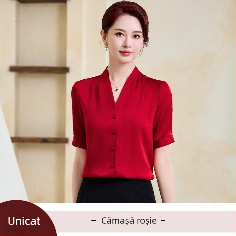 Cămașă de femei cu mâneci scurte, material satin poliester, decolteu în V, croială slim, lungime standard, stil office