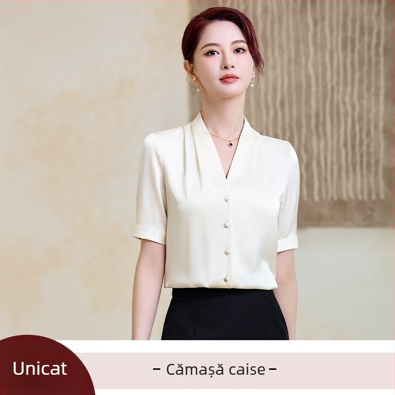 Cămașă de femei cu mâneci scurte, material satin poliester, decolteu în V, croială slim, lungime standard, stil office