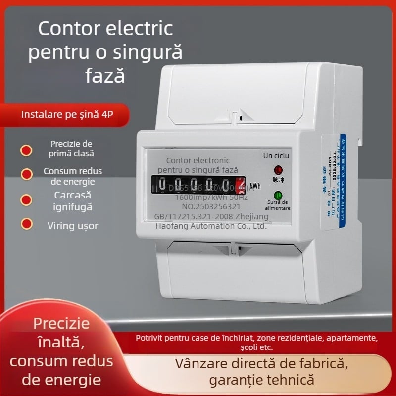 Contor monofazat (4P) montat pe șină DIN, cu capac protecție la praf pentru uz rezidențial