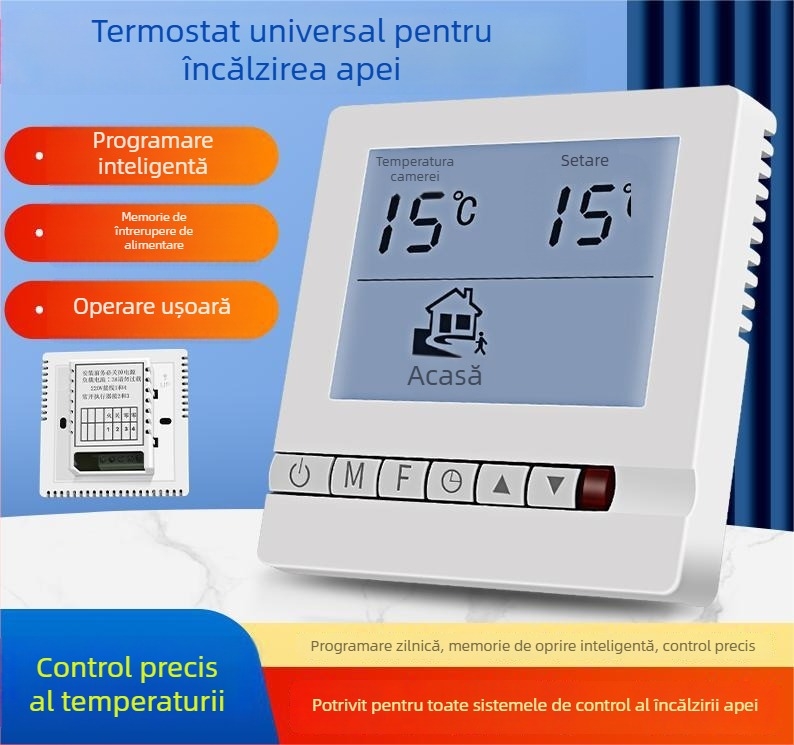 Termostat pentru încălzirea prin pardoseală cu afișaj digital, control inteligent al temperaturii, tip 86; interval de temperatură 5–35°C, precizie 2°C, instalare prin cablu, tensiune de funcționare 220V