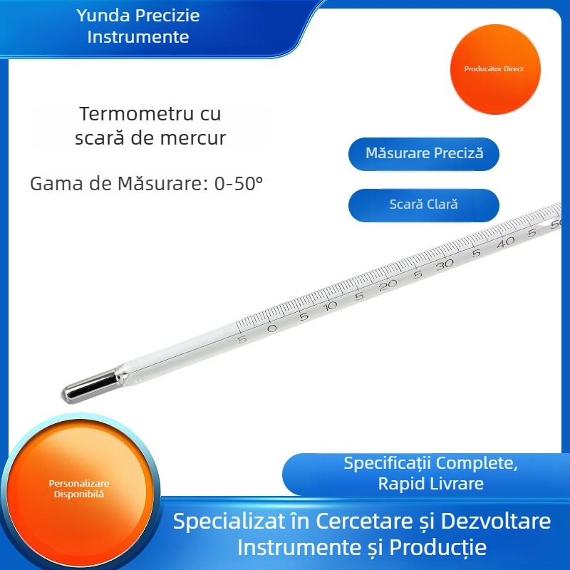 Termometru cu mercur, scară graduată 0-50°C, tijă de sticlă, înaltă precizie (pentru laboratoarele chimice industriale)