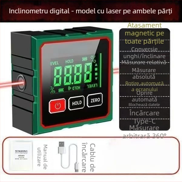 Inclinometer cu bază magnetică puternică, precizie înaltă, măsurare a unghiului de 360°, afișaj laser digital (Model: Inclinometer)
