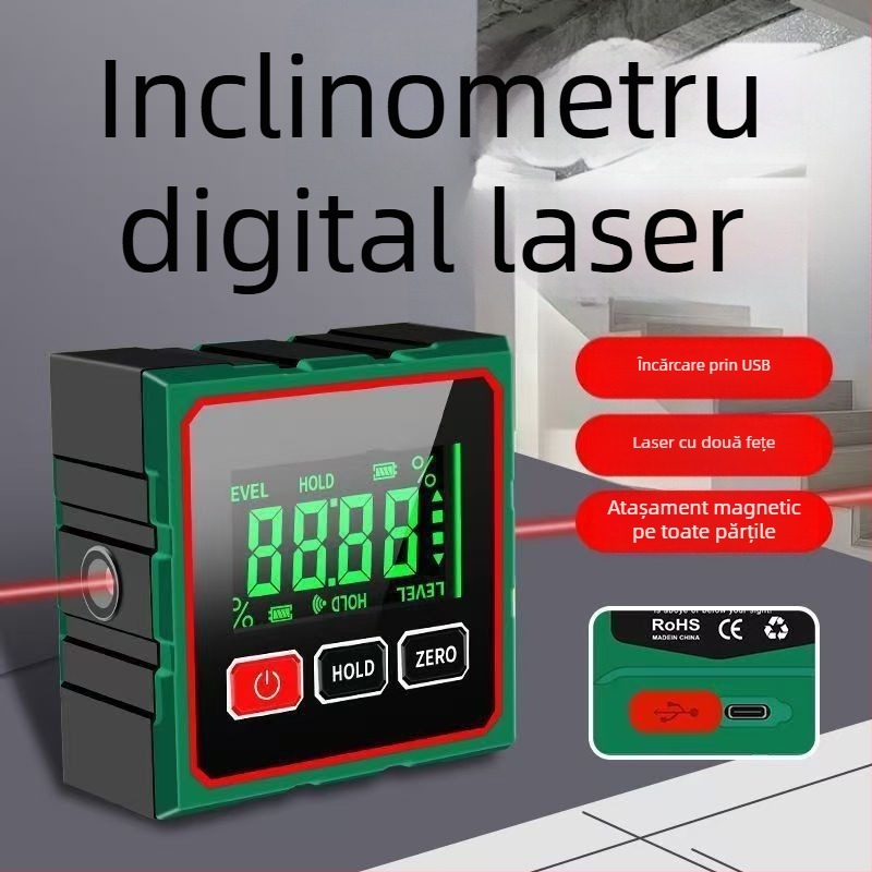 Inclinometer cu bază magnetică puternică, precizie înaltă, măsurare a unghiului de 360°, afișaj laser digital (Model: Inclinometer)