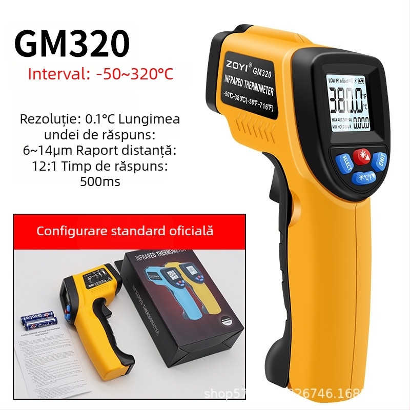 Termometru infraroșu portabil cu laser pentru măsurători industriale de temperatură – răspuns 5 ms, alimentat cu două baterii AAA