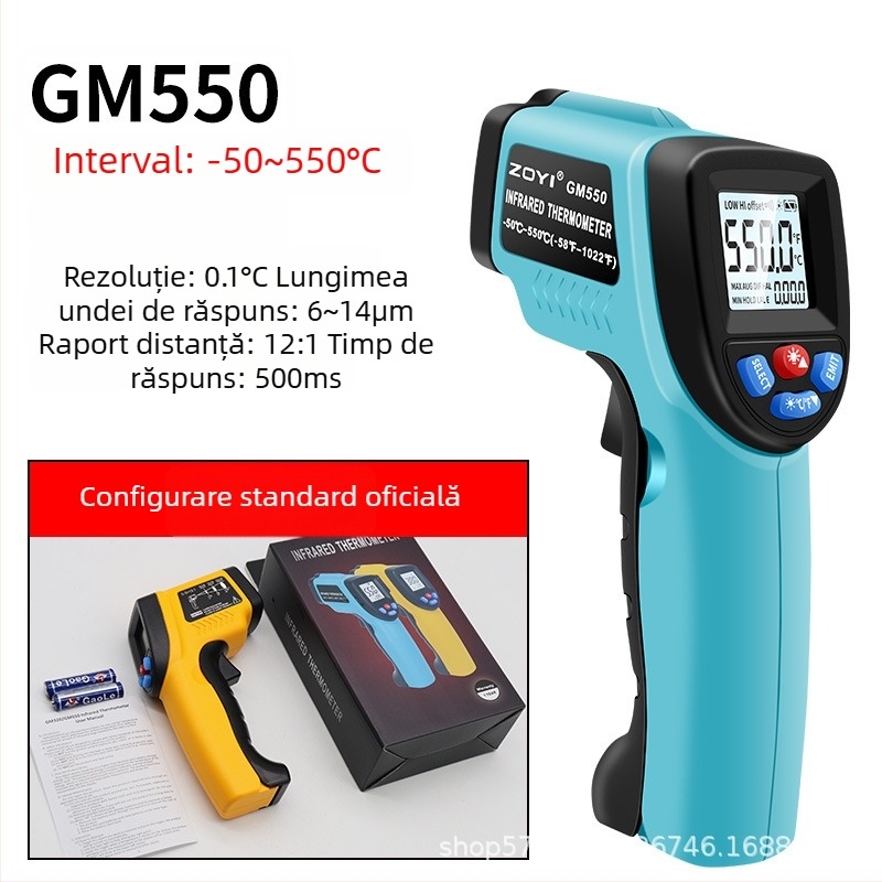 Termometru infraroșu portabil cu laser pentru măsurători industriale de temperatură – răspuns 5 ms, alimentat cu două baterii AAA