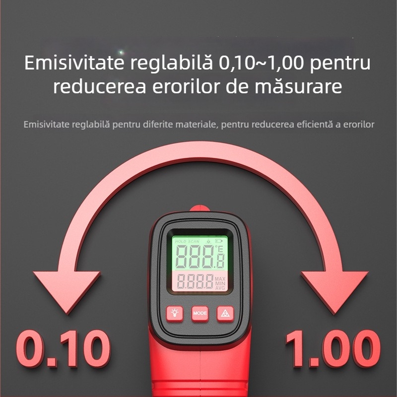 Termometru infraroșu portabil, necontact, cu laser, alimentat cu două baterii AAA, timp de răspuns 500 ms, pentru utilizare industrială
