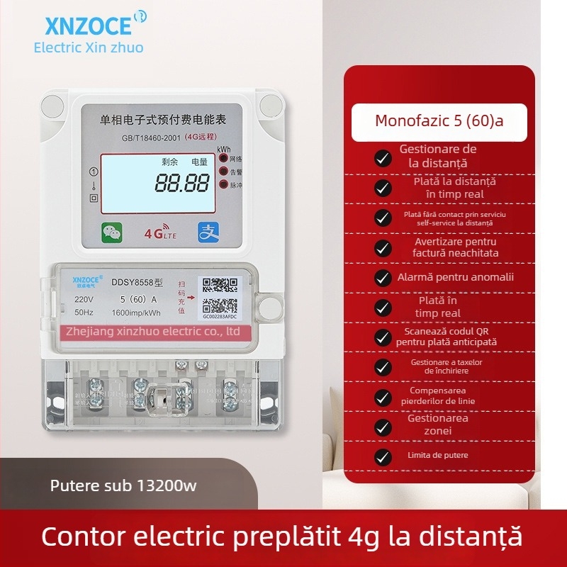 Xinzhuo contor electric inteligent preplătit, scanare cod QR, citire la distanță 4G, Bluetooth, monofazic, pentru locuințe în chirie