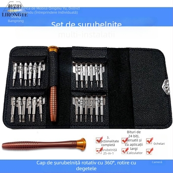 Set șurubelnițe în husă de piele, 25 în 1, pentru demontarea telefoanelor, ceasurilor și calculatoarelor
