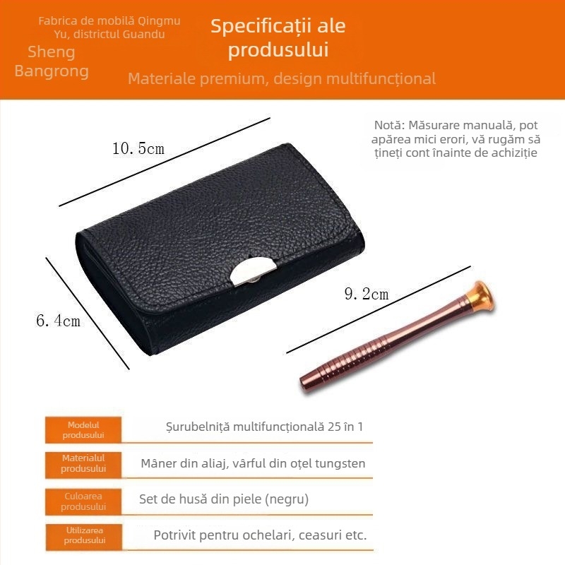 Set șurubelnițe în husă de piele, 25 în 1, pentru demontarea telefoanelor, ceasurilor și calculatoarelor