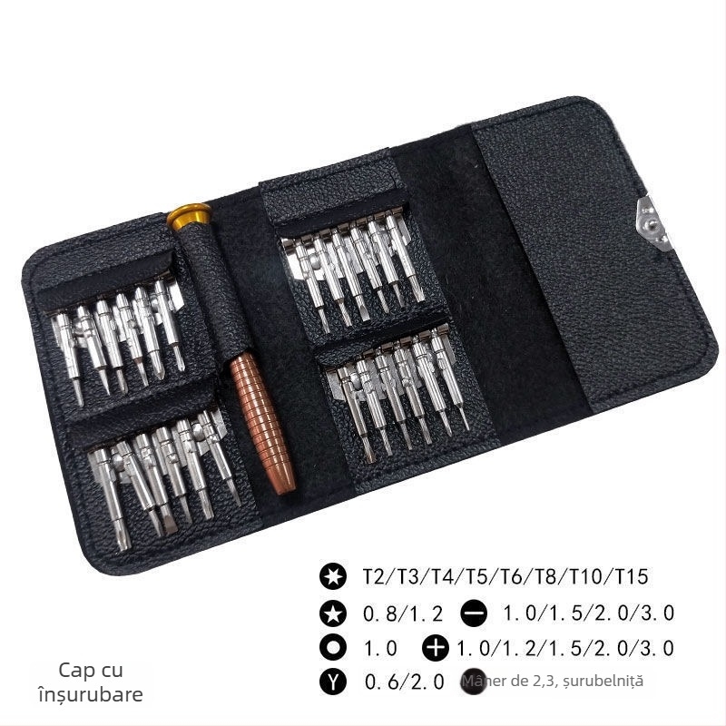 Set șurubelnițe în husă de piele, 25 în 1, pentru demontarea telefoanelor, ceasurilor și calculatoarelor