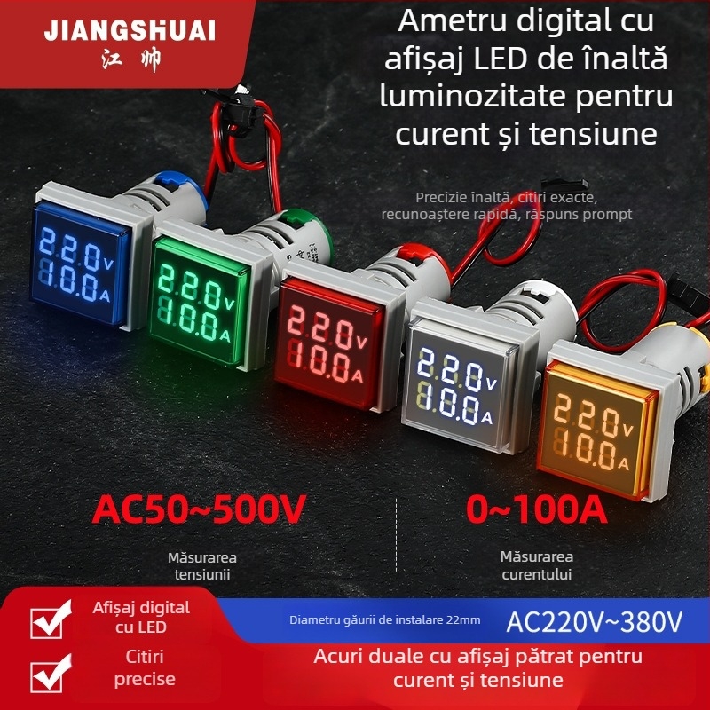 AD16-22VAMS Măsurător de tensiune și curent cu afișaj dual, afișaj digital tip  tubă, domeniu 50-500V, precizie înaltă, gaură de montare 22 mm