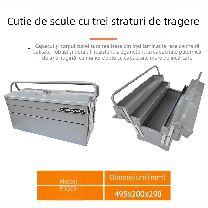 Trusă de scule pentru electricieni și mecanici, cu cadru PP, căptușeală PP și plăcuță din oțel laminat la rece; capacitate de încărcare 50