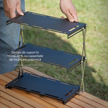 Masă de camping din lemn masiv, pliabilă, cu trei niveluri și spațiu de depozitare