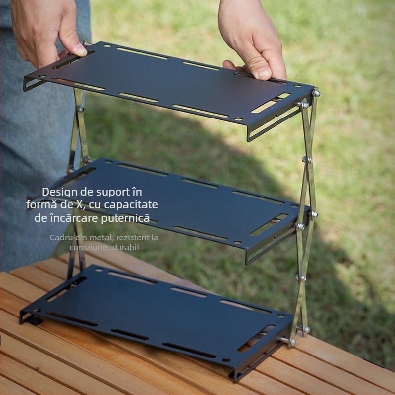 Masă de camping din lemn masiv, pliabilă, cu trei niveluri și spațiu de depozitare