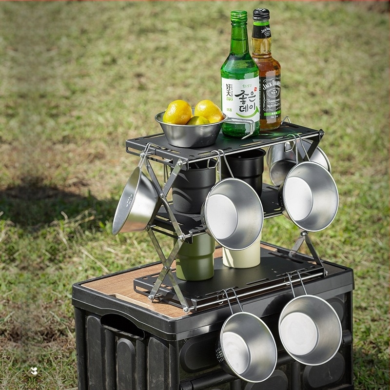 Masă de camping din lemn masiv, pliabilă, cu trei niveluri și spațiu de depozitare