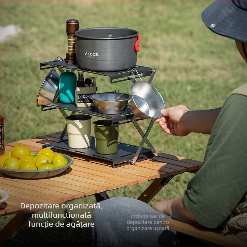 Masă de camping din lemn masiv, pliabilă, cu trei niveluri și spațiu de depozitare