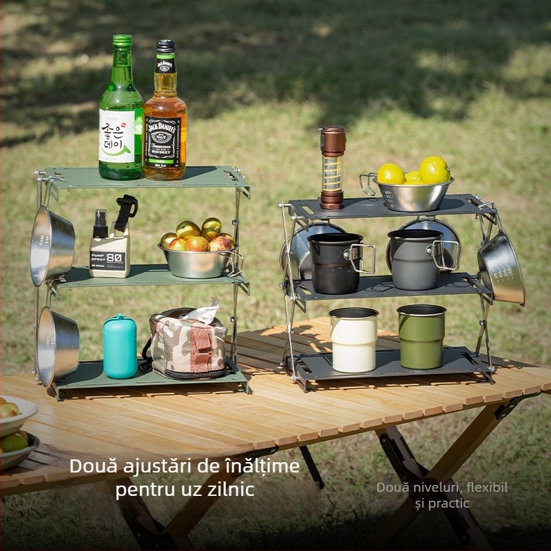 Masă de camping din lemn masiv, pliabilă, cu trei niveluri și spațiu de depozitare