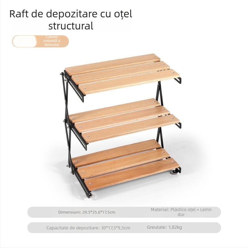 Masă pliabilă de camping din lemn masiv și raft de depozitare, cu trei etaje (Brand: Hike Mount; Material: Lemn masiv; Straturi: 3; Origine: Zhejiang)