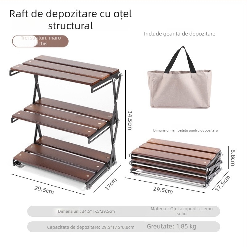Masă pliabilă de camping din lemn masiv și raft de depozitare, cu trei etaje (Brand: Hike Mount; Material: Lemn masiv; Straturi: 3; Origine: Zhejiang)