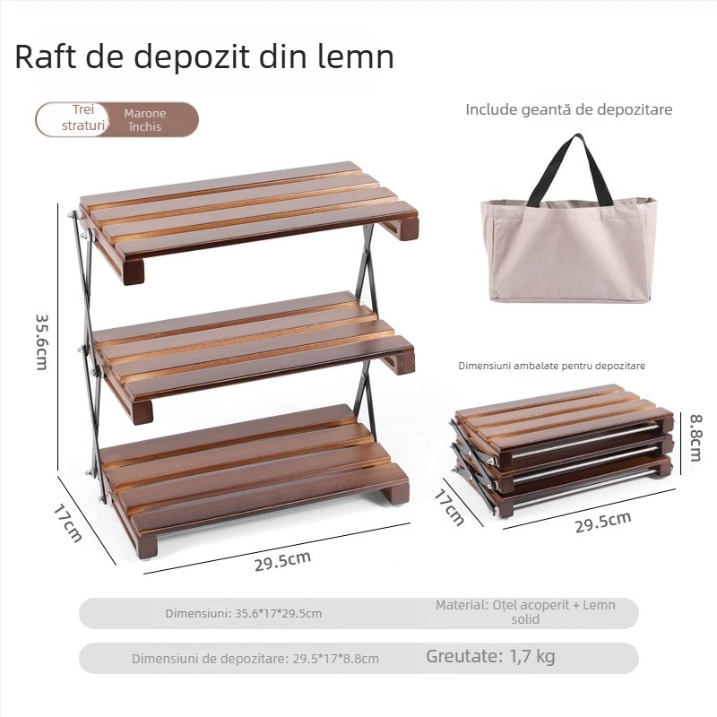 Masă pliabilă de camping din lemn masiv și raft de depozitare, cu trei etaje (Brand: Hike Mount; Material: Lemn masiv; Straturi: 3; Origine: Zhejiang)
