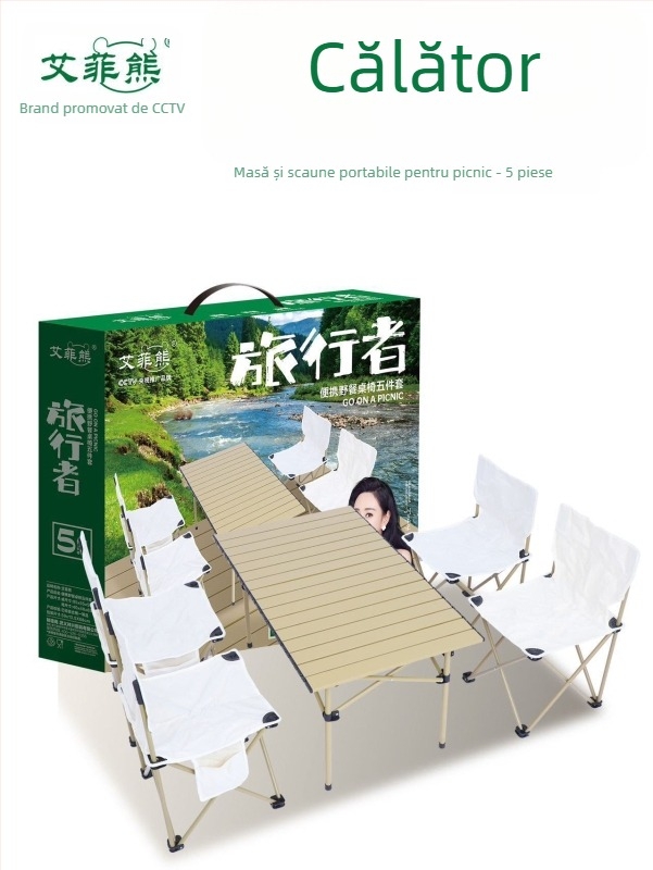 Effie Bear set masă și scaune pliabile pentru camping, exterior, din oțel carbon, 5 piese, portabil