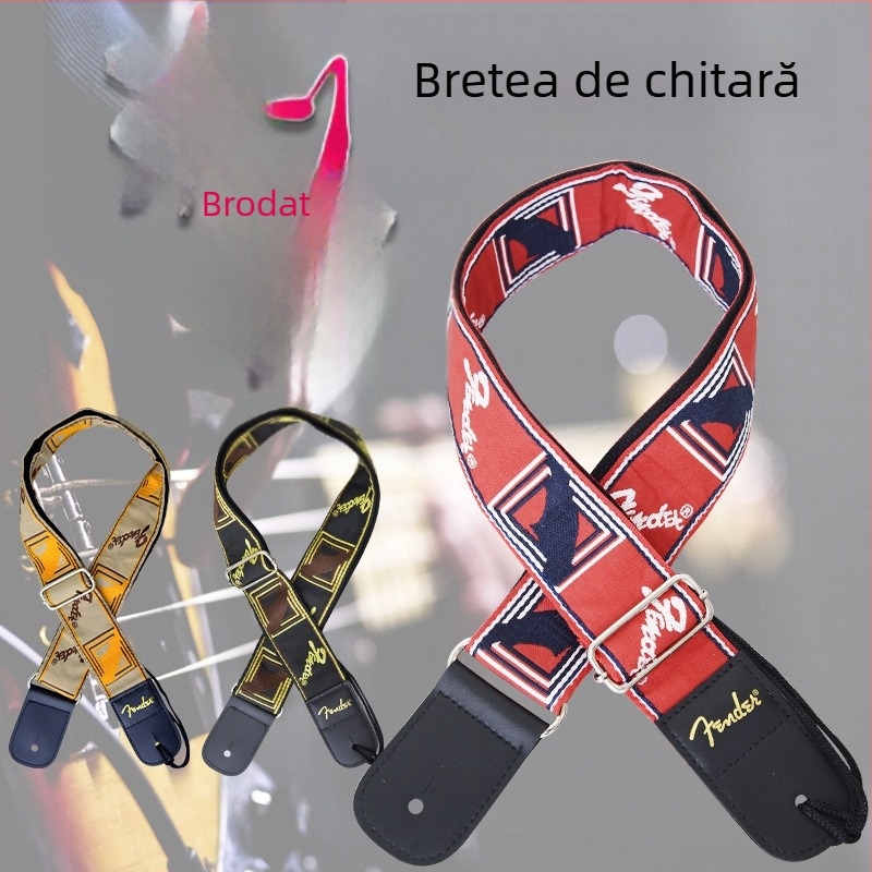 Bretea de chitară cu broderie țesută, din bumbac, căptușeală din nylon, curea de umăr curbată; potrivită pentru chitare, chitare electrice, bas electric; model CXFD, Carmani