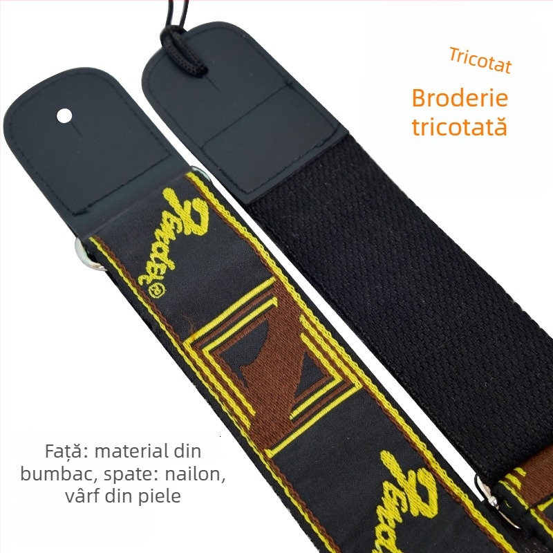 Bretea de chitară cu broderie țesută, din bumbac, căptușeală din nylon, curea de umăr curbată; potrivită pentru chitare, chitare electrice, bas electric; model CXFD, Carmani