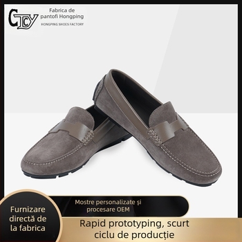 Loafers slip-on pentru bărbați, din piele naturală, talpă din cauciuc, vârf rotund, profil redus