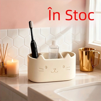 Suport pentru periuțe de dinți cu temă pisică, drenaj cu 3 compartimente, organizator de baie de birou