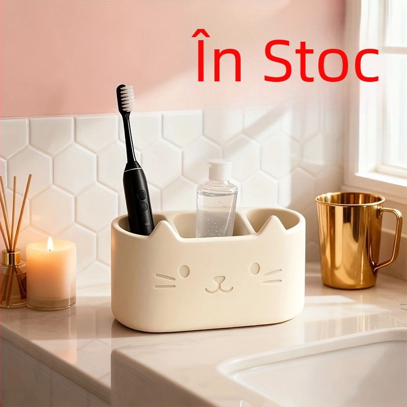 Suport pentru periuțe de dinți cu temă pisică, drenaj cu 3 compartimente, organizator de baie de birou
