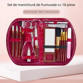 Set de unelte cosmetice: pensulă pentru fond de ten, instrument pentru buze, tăietor de unghii, trimmer pentru sprâncene și perie de curățare; materiale: PS, PVC, 2Cr13, oțel inoxidabil, aluminiu; OEM; greutate netă 240 g; ambalaj 60 de bucăți