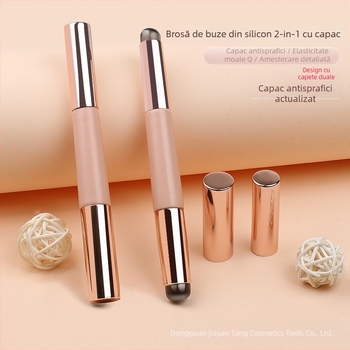 Perie de buze din silicon cu capăt dublu, vârf rotund, mâner din lemn, 1 perie, ambalaj OPP