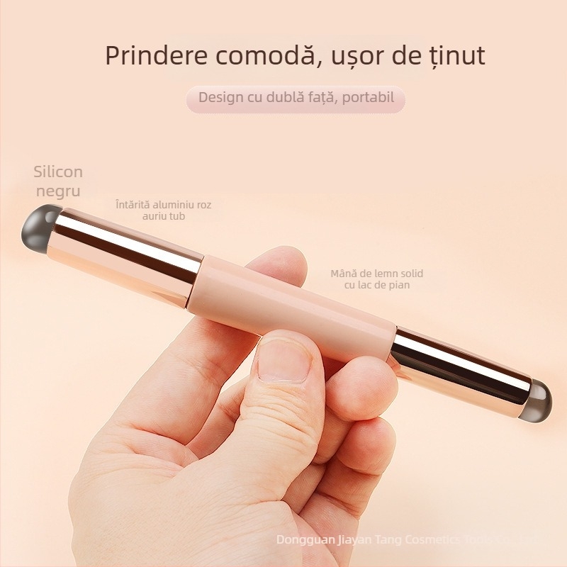 Perie de buze din silicon cu capăt dublu, vârf rotund, mâner din lemn, 1 perie, ambalaj OPP