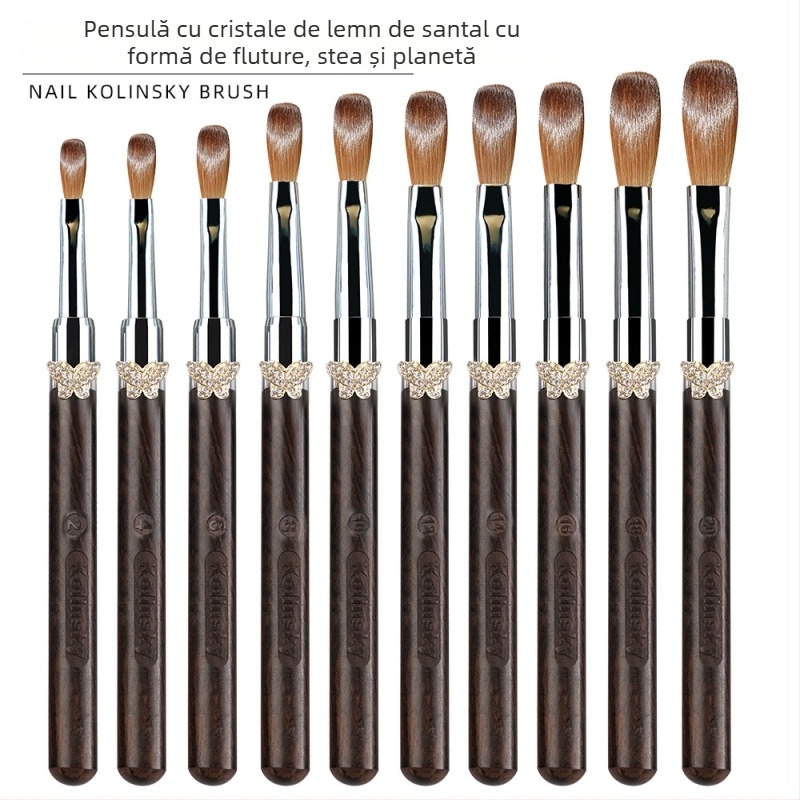 Stilou gravat pentru manichiură cu mâner din lemn, mâner lung, set de 10 pensule pentru unghii