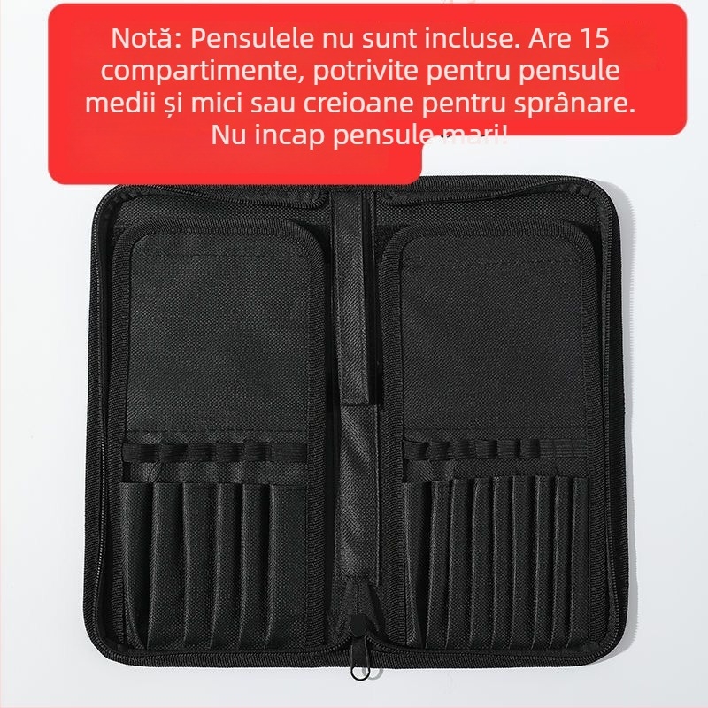 Geantă pliabilă pentru pensule de machiaj, cu design vertical, include 1 pensulă din nylon pentru manichiură și creion de sprâncene