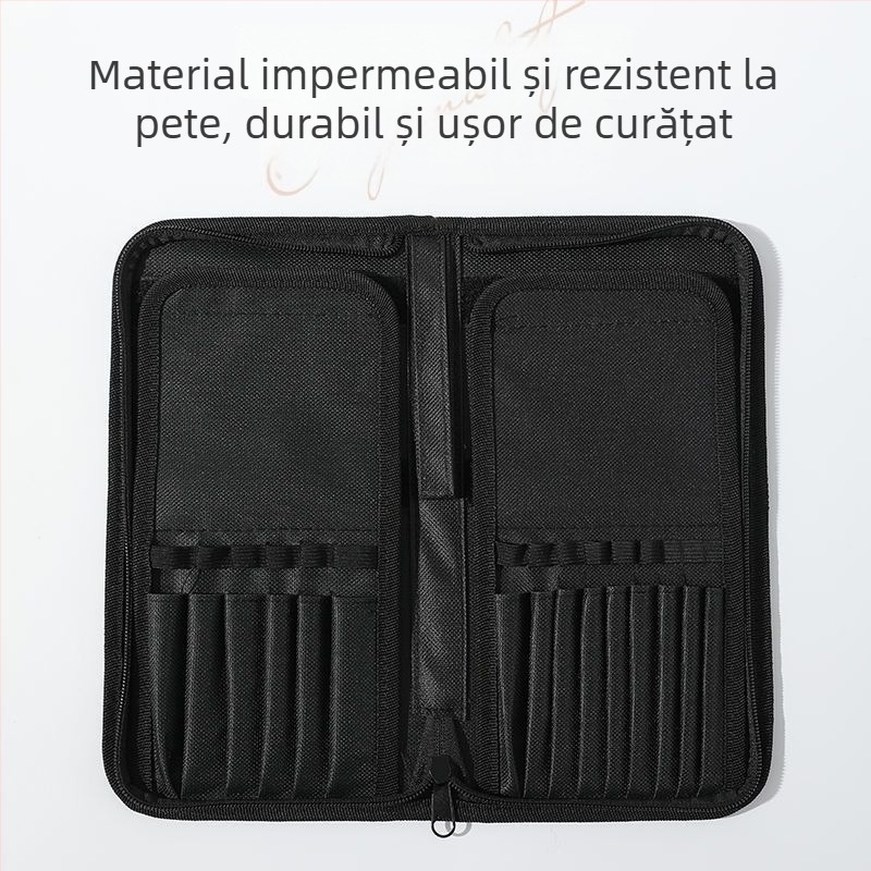 Geantă pliabilă pentru pensule de machiaj, cu design vertical, include 1 pensulă din nylon pentru manichiură și creion de sprâncene