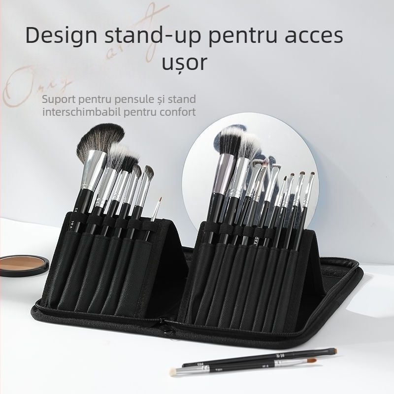 Geantă pliabilă pentru pensule de machiaj, cu design vertical, include 1 pensulă din nylon pentru manichiură și creion de sprâncene