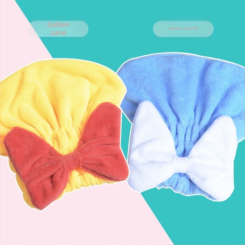 Șapcă de uscare a părului din fleece coral, model cu fundă, trage peste cap, foarte absorbantă și uscare rapidă pentru femei (Material: fleece coral; Fire: 21 fire; Finisaj: tiv; Greutate: 50–79 g)