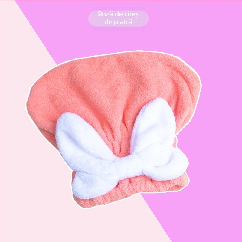 Șapcă de uscare a părului din fleece coral, model cu fundă, trage peste cap, foarte absorbantă și uscare rapidă pentru femei (Material: fleece coral; Fire: 21 fire; Finisaj: tiv; Greutate: 50–79 g)