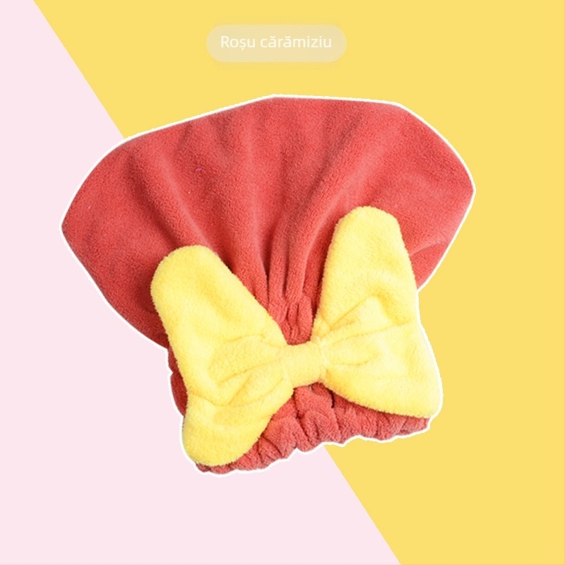 Șapcă de uscare a părului din fleece coral, model cu fundă, trage peste cap, foarte absorbantă și uscare rapidă pentru femei (Material: fleece coral; Fire: 21 fire; Finisaj: tiv; Greutate: 50–79 g)