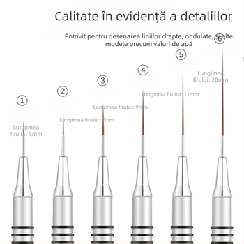 Set pensule pentru artă unghii, 6 bucăți, cu mâner metalic lung și 8 inele spiralate pentru trasarea liniilor și pictarea florilor