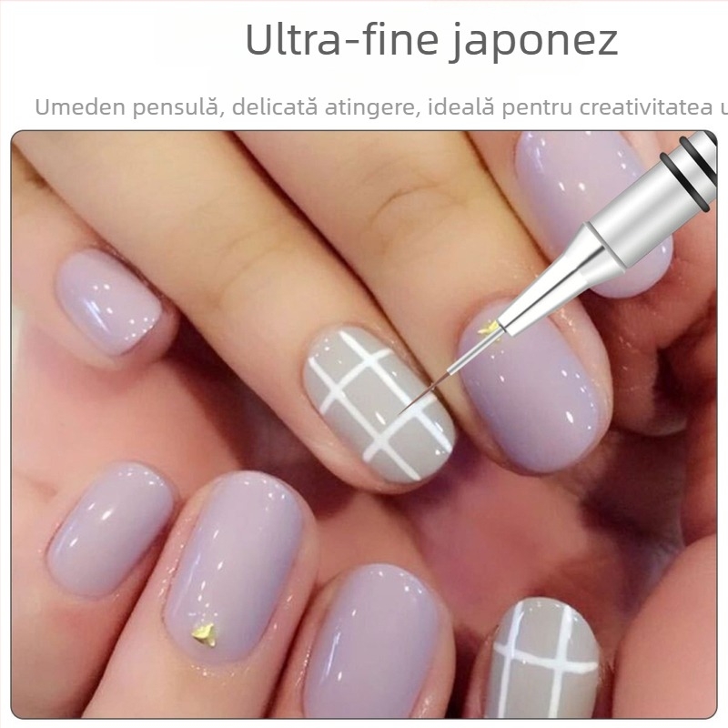 Set pensule pentru artă unghii, 6 bucăți, cu mâner metalic lung și 8 inele spiralate pentru trasarea liniilor și pictarea florilor