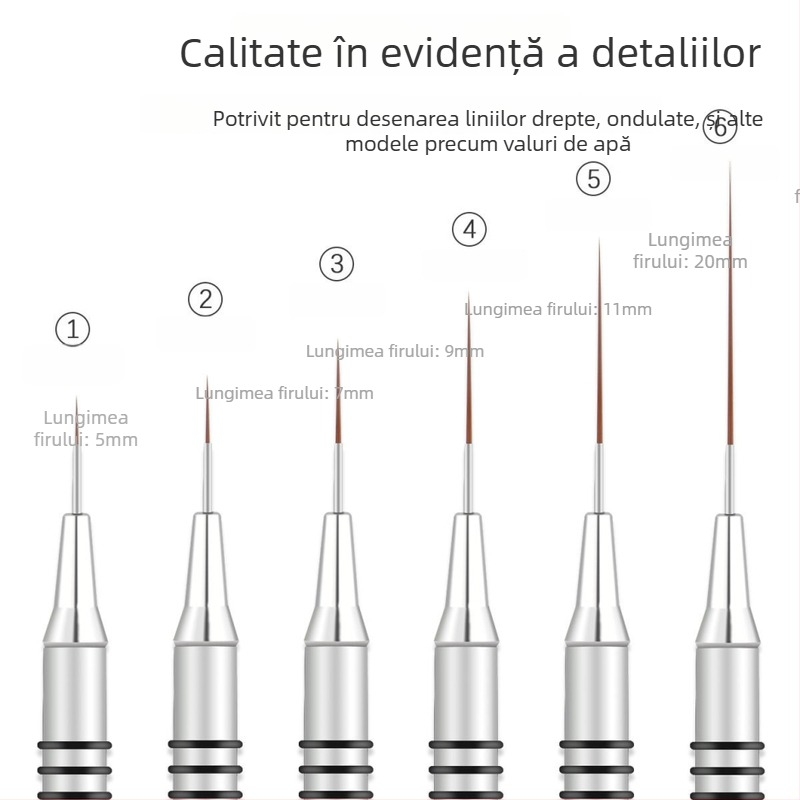 Set pensule pentru artă unghii, 6 bucăți, cu mâner metalic lung și 8 inele spiralate pentru trasarea liniilor și pictarea florilor