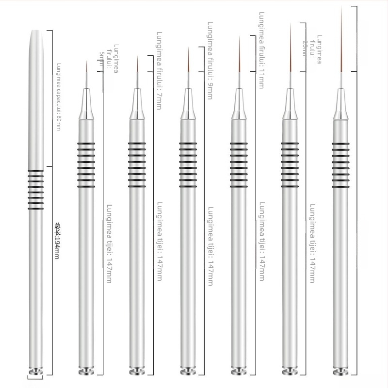 Set pensule pentru artă unghii, 6 bucăți, cu mâner metalic lung și 8 inele spiralate pentru trasarea liniilor și pictarea florilor