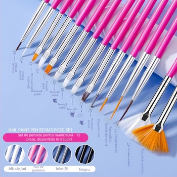 Set pensule de manichiură, 15 buc., mâner din plastic, ambalare OPP
