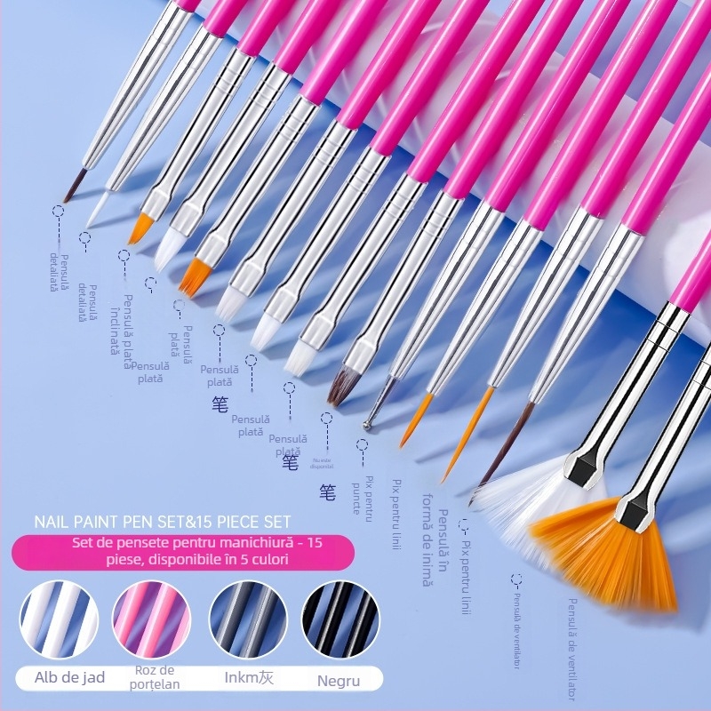 Set pensule de manichiură, 15 buc., mâner din plastic, ambalare OPP