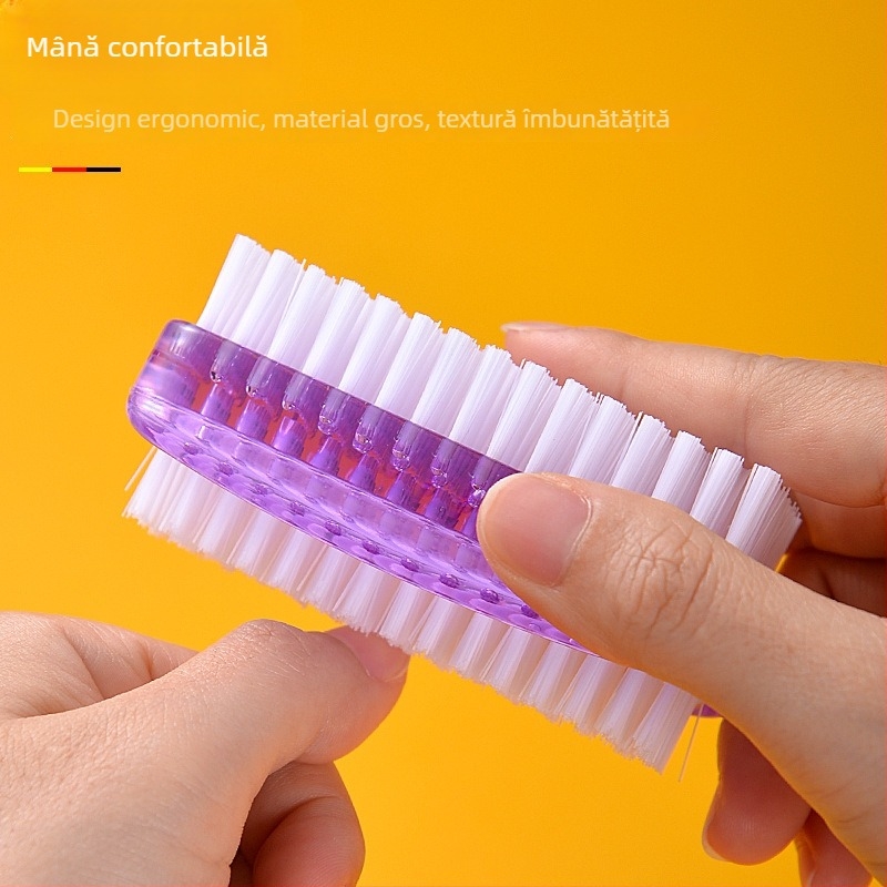 Perie dublă față, multifuncțională pentru curățarea prafului și a unghiilor, corp din plastic transparent; material perie: PP alb; fibre: PP transparent, nylon